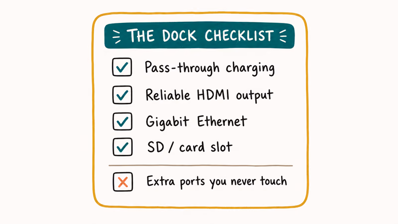 Hand-drawn checklist of iPad Pro hub features worth paying for with one crossed-out unused-ports row
