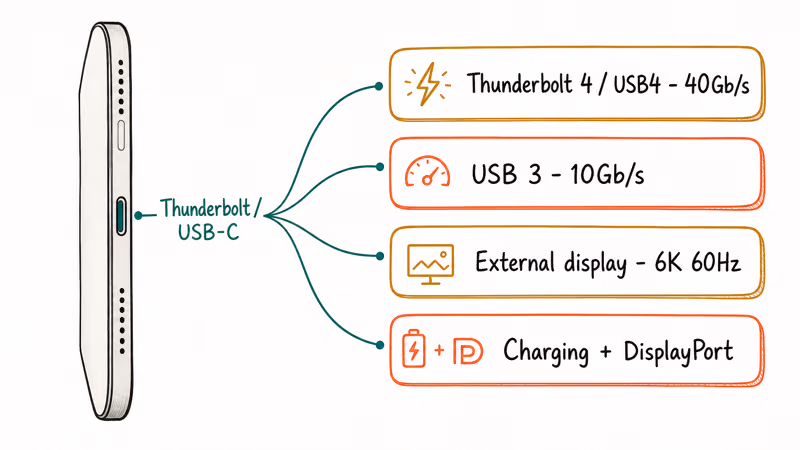 Hand-drawn iPad Pro port fanning out to Thunderbolt, USB, display, and charging capability cards