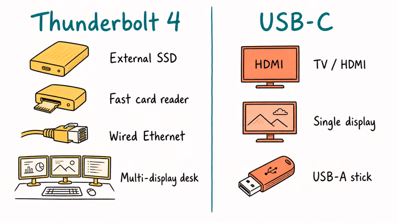 Hand-drawn side-by-side of Thunderbolt 4 heavy workloads versus simple USB-C TV and HDMI use cases