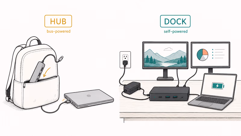 Hand-drawn comparison of a slim portable USB-C hub beside a powered desk docking station