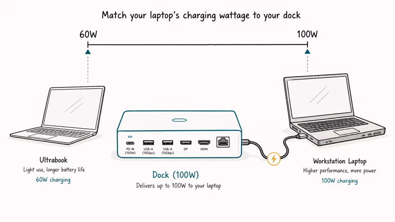 Hand-drawn diagram matching laptop charging wattage from sixty to one hundred watts through a dock