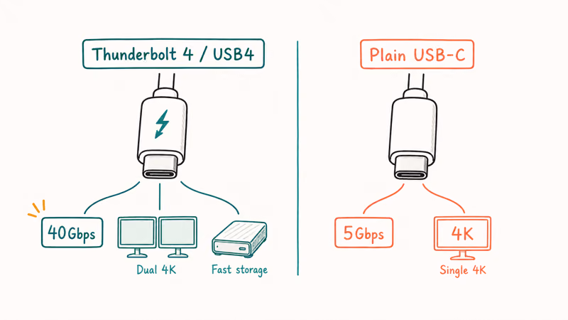 Hand-drawn graphic contrasting Thunderbolt 4 dual-monitor speed against plain USB-C single-display limits