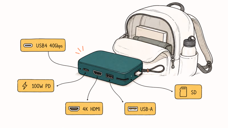 Hand-drawn slim USB-C travel adapter beside a backpack with labelled ports for HDMI and SD