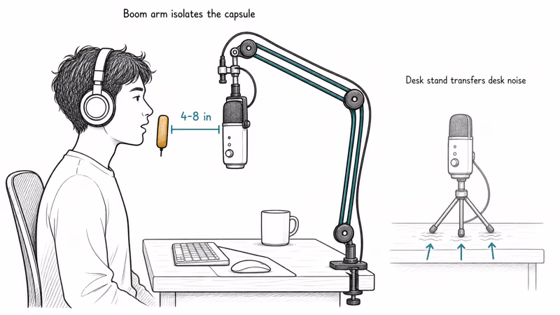 USB microphone on boom arm at four to eight inches from mouth with pop filter