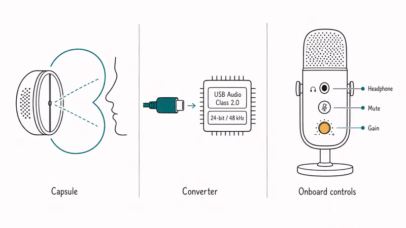 Three USB microphone essentials shown as capsule pickup pattern, USB converter, and onboard control panel