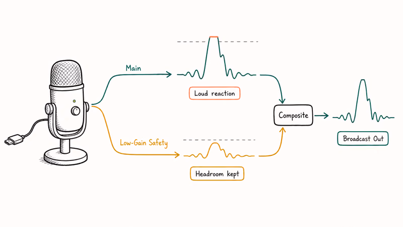 Hand-drawn signal flow diagram showing parallel main and low-gain microphone paths combining into clean broadcast waveform