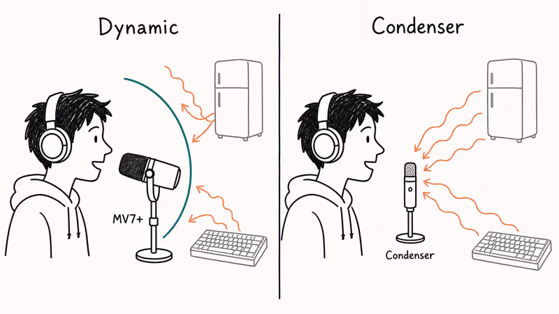 Split panel hand-drawn scene showing dynamic mic rejecting room noise while condenser mic captures background sounds