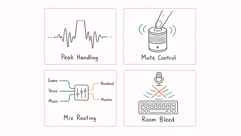 Four labeled hand-drawn cards showing streaming microphone criteria peak handling mute mix routing room bleed