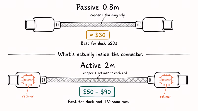 Side-by-side anatomy of passive USB4 cable next to active cable with retimer chips