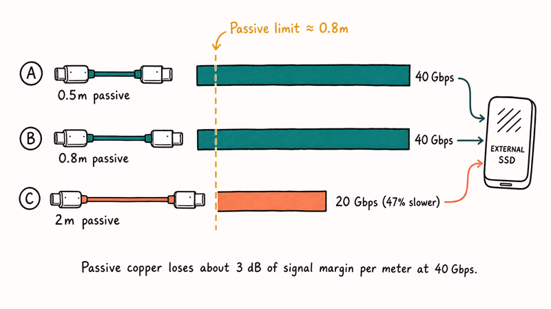 Chart showing USB4 passive cable speed dropping from 40 Gbps to 20 Gbps past 0.8m