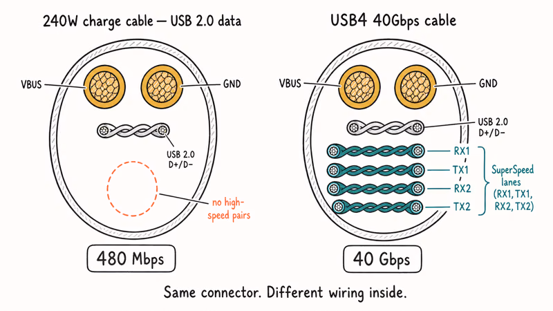 Two USB-C cable cross-sections comparing charge-only wiring with full USB4 data lanes