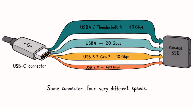 USB-C connector fanning into four data speed lanes from 480 Mbps to 40 Gbps