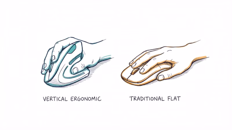 Vertical ergonomic mouse next to traditional flat mouse showing different hand grips