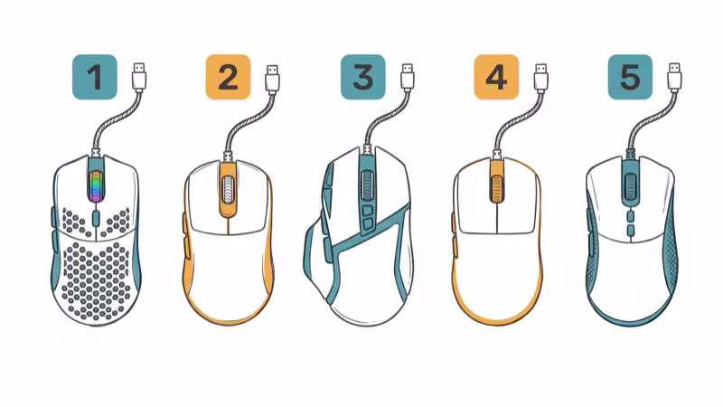 Five vertical gaming mice lined up showing different ergonomic designs and sizes