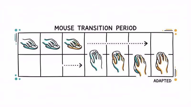 Calendar showing gradual adaptation from traditional mouse to vertical mouse over days