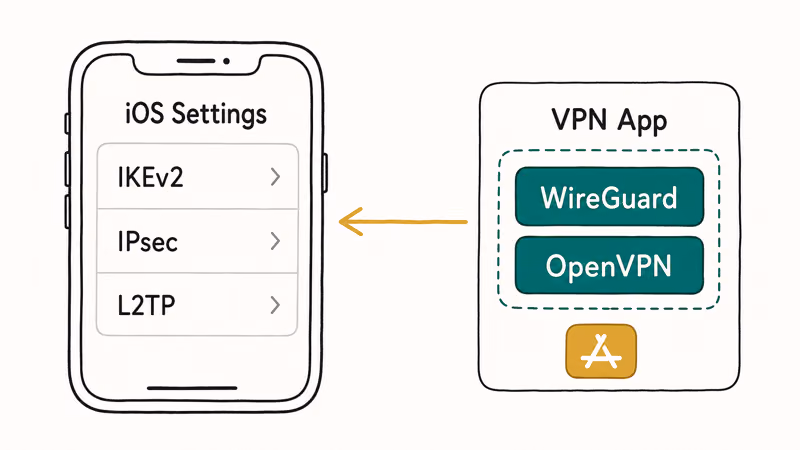 iPhone built-in IKEv2 IPsec L2TP protocols beside app-bundled WireGuard and OpenVPN