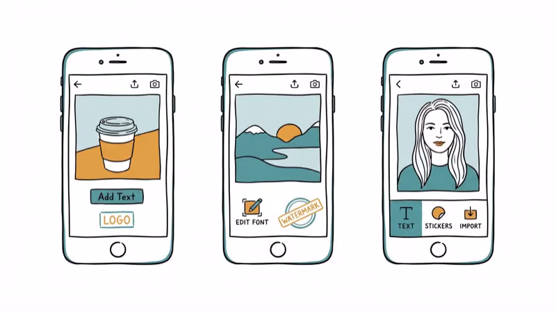 Three iPhones showing different watermark app interfaces for adding logos to photos