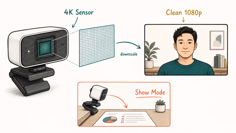 Diagram showing a 4K webcam sensor downscaled into a clean 1080p face frame plus desk tilt mode