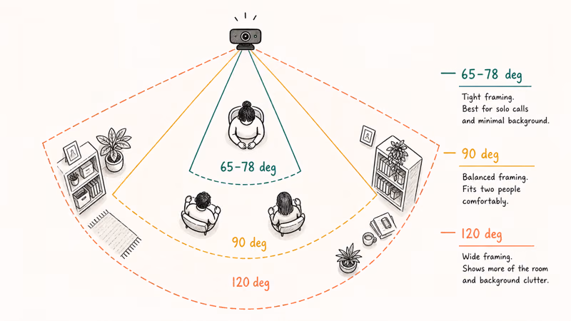 Top-down fan diagram showing webcam field-of-view angles framing one person two people and an overly wide shot