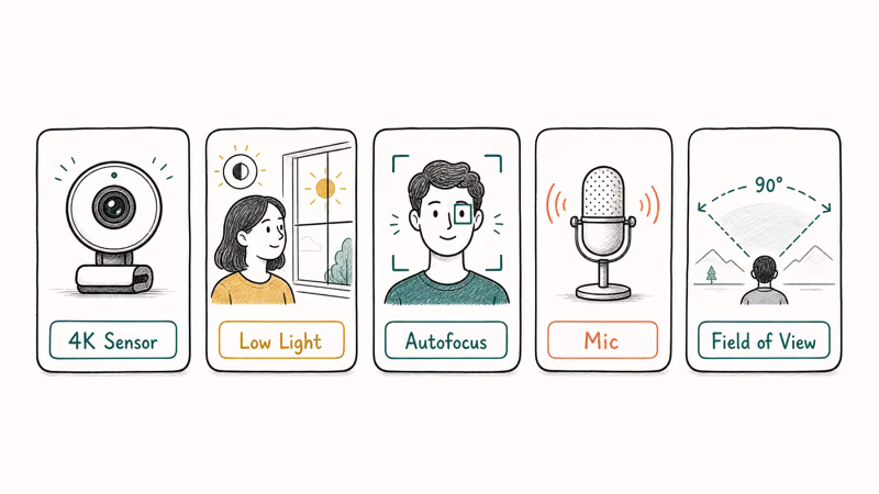Five hand-drawn icon cards showing webcam buying factors resolution low light autofocus mic and field of view