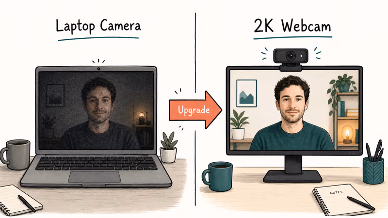 Split illustration contrasting a dim laptop built-in camera with a brighter cleaner external 2K webcam feed