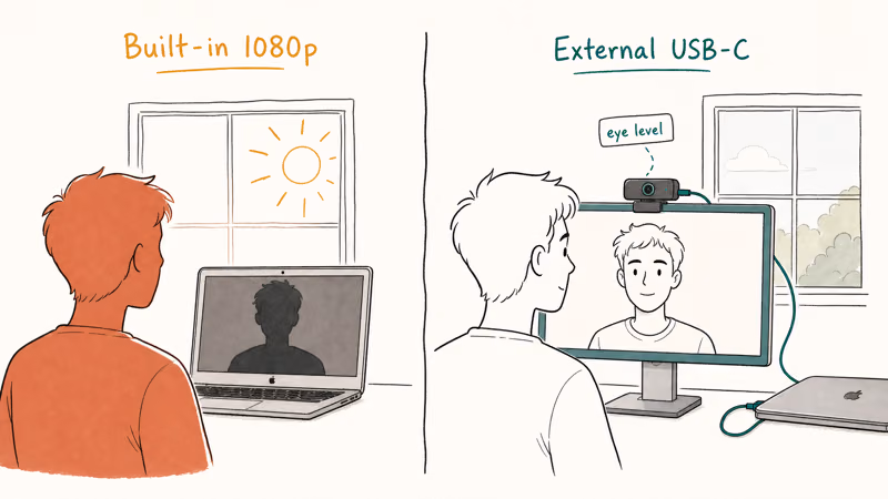 Side-by-side hand-drawn comparison of built-in MacBook camera silhouette versus external webcam at eye level