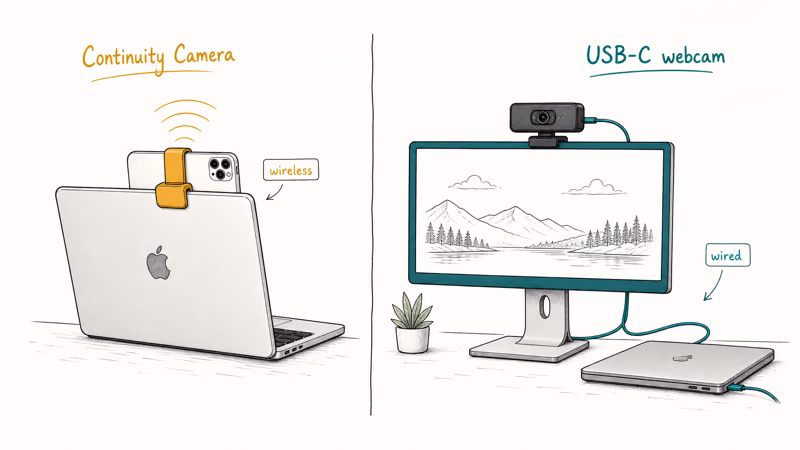 Hand-drawn desk scene contrasting iPhone Continuity Camera clip with USB-C webcam on external monitor