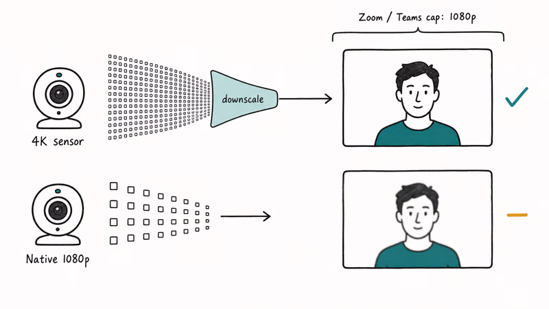 Illustration showing 4K webcam sensor oversampling and downscaling to cleaner 1080p Zoom feed
