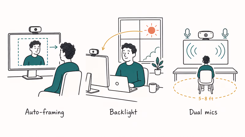 Three meeting webcam features auto-framing, backlight correction, and dual microphones illustrated side by side