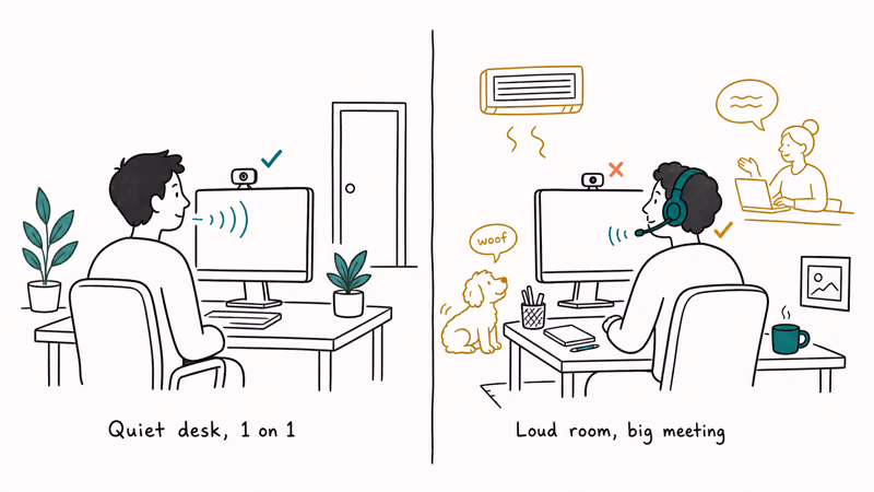 Two panel illustration contrasting webcam built-in microphone with directional headset for noisy meetings
