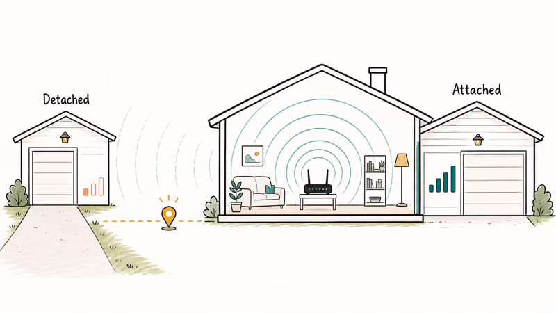 Cutaway home showing Wi-Fi reaching an attached garage but fading at a detached one