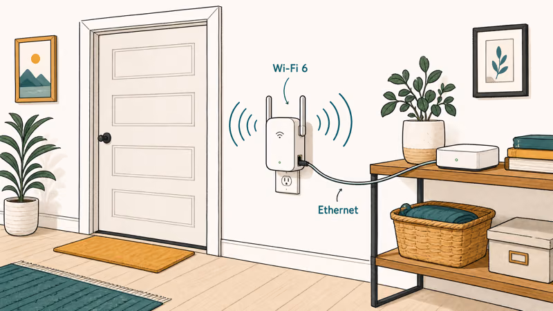 Plug-in Wi-Fi 6 extender in a hallway outlet beside the garage wall