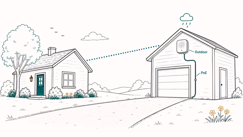 Weatherproof outdoor mesh node mounted on a detached garage across the driveway