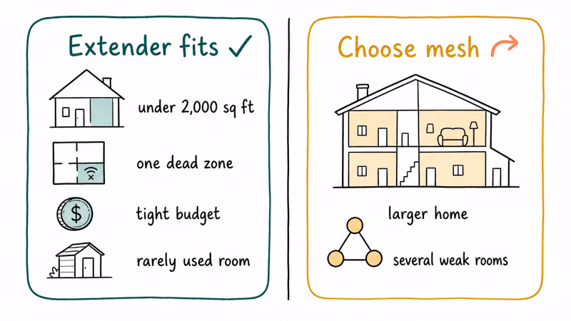 Checklist contrasting when a Wi-Fi extender fits a small home versus choosing mesh