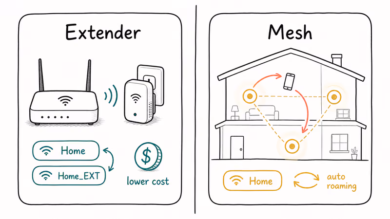Side by side comparison of a single Wi-Fi extender versus a multi-node mesh system
