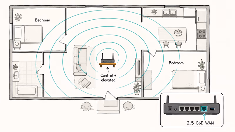 Single Wi-Fi router placed centrally covering a single-floor home with wireless signal rings