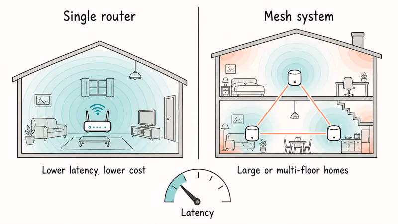 One router versus a three node mesh system across a multi-floor house layout