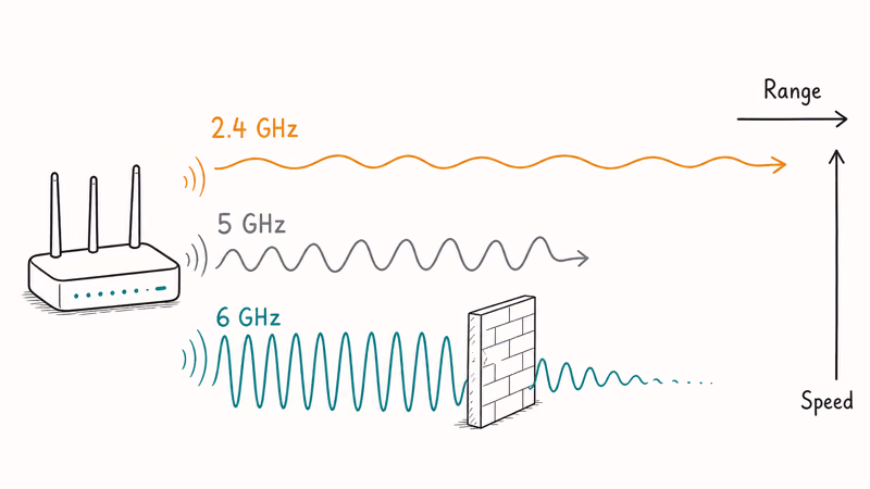 Chart showing how 2.4 5 and 6 GHz Wi-Fi bands trade range for speed
