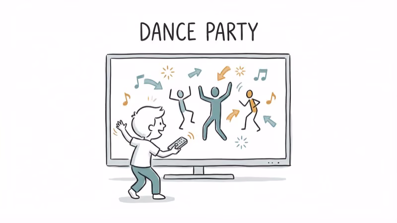 Child playing with Wii remote in front of TV showing dance game