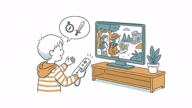 Kid playing adventure game with Wii controller showing cartoon characters on screen