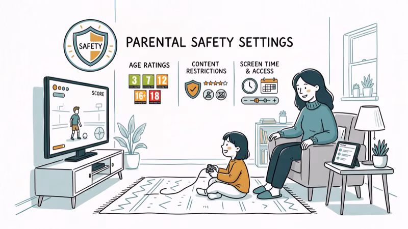 Parental safety settings on game console with shield icon and age rating symbols