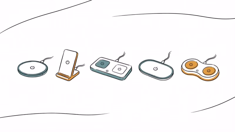 Five wireless charging pads in different shapes including flat round stand and multi-device