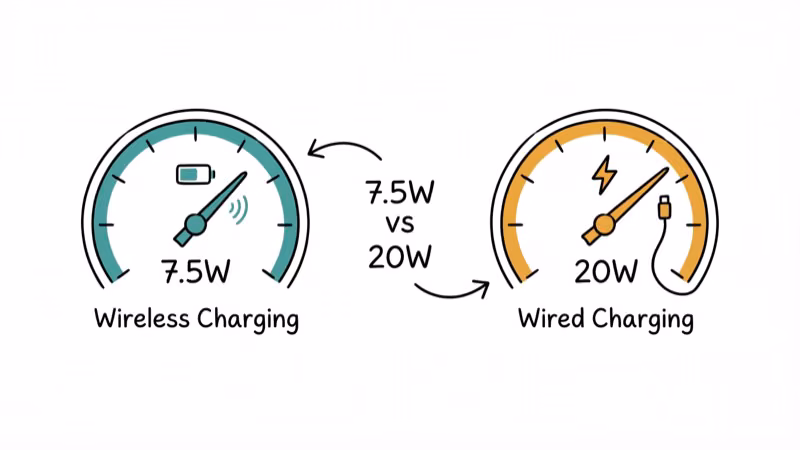 Speed comparison meter showing 7.5W wireless versus 20W wired iPhone charging