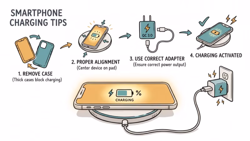 Smartphone on charging pad with optimization tips for case removal and alignment