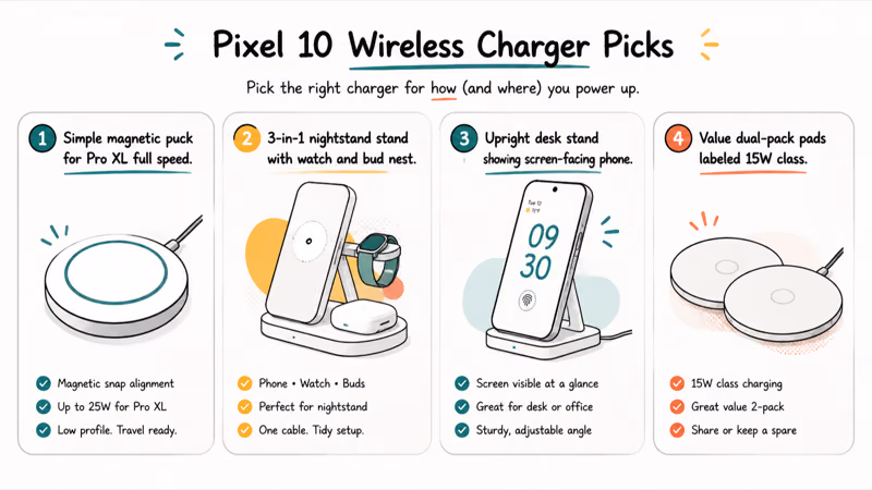 Puck stand premium trio and value pad roles for Pixel ten wireless charging