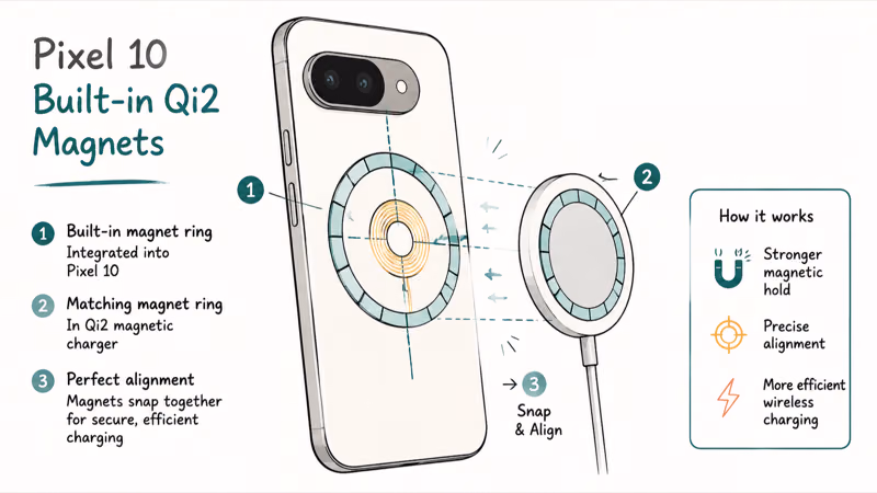 Pixel ten built-in Qi2 magnet ring snapping to a magnetic wireless charger puck