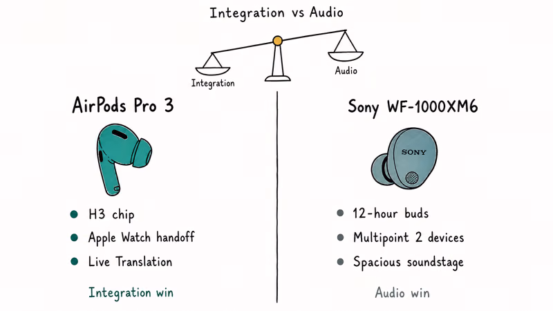 AirPods Pro 3 versus Sony WF-1000XM6 split layout showing H3 integration features against Sony audio strengths