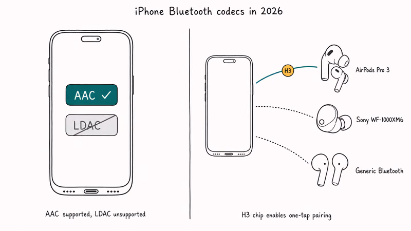 iPhone codec support diagram showing AAC supported and LDAC unsupported with AirPods H3 chip pairing arc