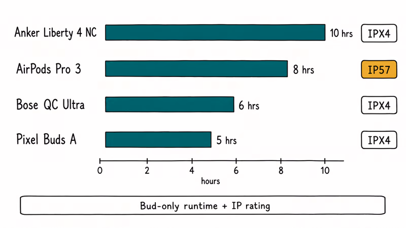 Horizontal bar chart comparing bud runtime and IP rating across four running earbud models