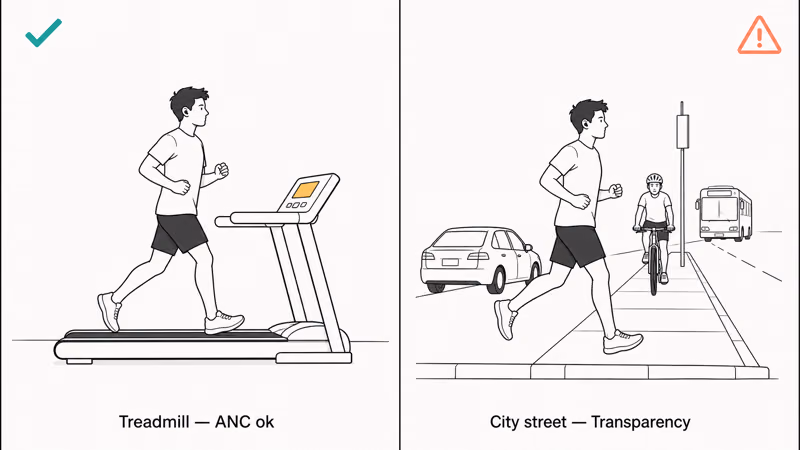 Side-by-side scene contrasting safer treadmill ANC use with risky city street ANC near traffic